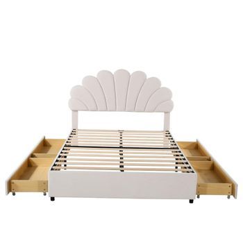Cama Tapizada En Terciopelo 140 X 200 Cm Con 4 Cajones - Cabecero En Forma De Flor - Beige