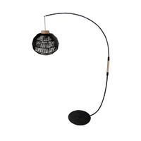lampara de pie arco metal negro madera natural pantalla hilo negro