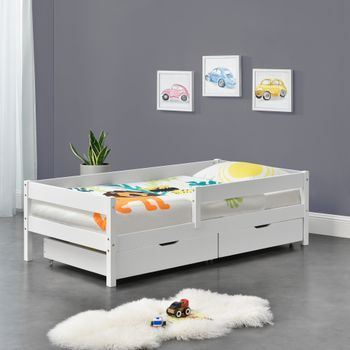 Cama Para Niños De Madera Pino Borgarnes - 90 X 200 Cm - Con 2 Cajones De Almacenamiento - Con Protección Contra Caídas - Somier - Blanco [en.casa]®