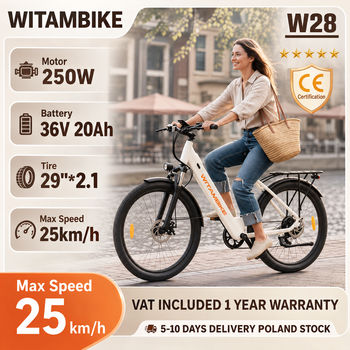 Bicicleta eléctrica WITAMBIKE W28 de 29 pulgadas con neumáticos gruesos para desplazamientos, batería de 36V 20Ah, motor de 250W, 7 velocidades, alcance de hasta 120 km, bicicleta eléctrica para
