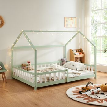 Cama Infantil Hesel En Forma De Casa Pino Con Reja 140x200cm - Verde Menta [en.casa]
