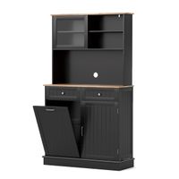 costway armario de basura con puerta abatible doble armario de almacenaje de cocina con encimera de madera de caucho cubo de basura de 38 l negro