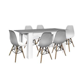 Mesa Extensible De Comedor O Cocina Blanco Y Gris + 6 Sillas Estilo Nordico Blanco