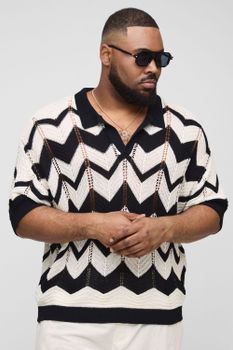 Polo Plus Oversize Recto De Punto Abierto Con Estampado Abstracto, Negro