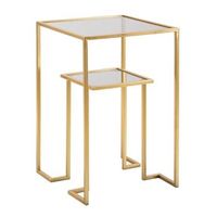 mesa auxiliar con estante de metal dorado y cristal  39x39x60 cm