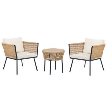 Conjunto De Balcón De Ratán Beige Claro Natural Sintético Cojines Mesa Gargano