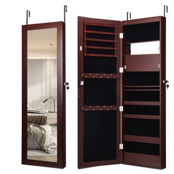Armario Joyero Con Espejo, Mueble Cosmético Con Estantes Forrados, Ganchos Y Compartimentos, Marrón