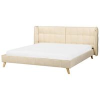 cama tapizada en terciopelo beige con patas de madera clara 180 x 200 cm somier con listones cabecero con alas ajustables senlis