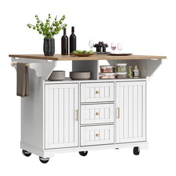 Isla De Cocina Con Ruedas Y Tablero Plegable, 3 Cajones Y 2 Puertas, 120x80x95 Cm, Mdf Y Metal, Blanco
