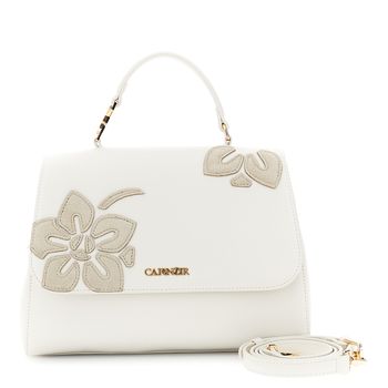 bolso de mano con solapa en material efecto piel con aplicaciones florales. ivory