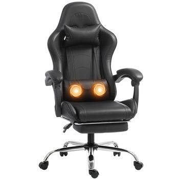 HOMCOM Silla Gaming Ergonómica con Cojín Lumbar Masajeador, Silla Gaming Reclinable en Cuero Sintético, Negro