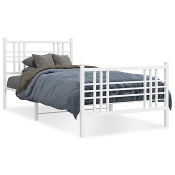 Cama Para Adulto | Cama Individual | Estructura Cama Metal Cabecero Y Estribo Blanca 100x190 Cm