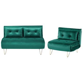Conjunto De Sala De Estar 3 Plazas De Terciopelo Verde Oscuro Dorado Cojines Vestfold
