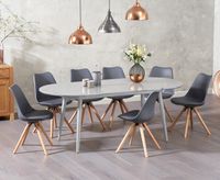 olivia extending light grey high gloss dining table with oscar faux leather round leg chairs - dark grey 4 chairs