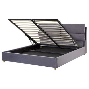 Cama Con Somier De Terciopelo Gris 160 X 200 Cm Almacenaje Dormitorio Batilly