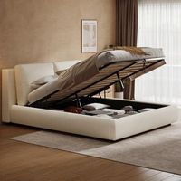 cama doble acolchada con somier y cabecera funcion hidraulica baul de almacenamiento beige rizado 160x200 cm