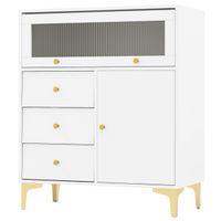 costway comoda para dormitorio gabinete de almacenaje moderno con puerta de vidrio acanalado abatible y cajones extraibles patas de metal blanco