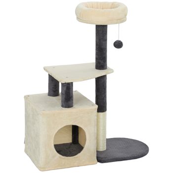 PawHut Árbol Rascador para Gatos Alto 92 cm con Casita, Camita, Postes de Sisal y Pelotita, Blanco Crema   Aosom España