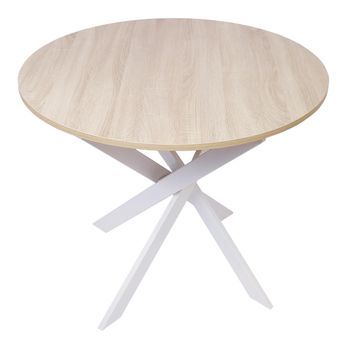 Mesa De Comedor Fija Redonda, Modelo Zen, 90 X 90 X 77 Cm De Altura, Capacidad Hasta 4 Personas, Materiales Resistentes, Acabado Madera Color Roble Con Patas Metálicas Blanco Lacado Mate