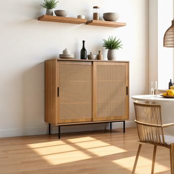 Aparador de cocina de madera con puertas de caña