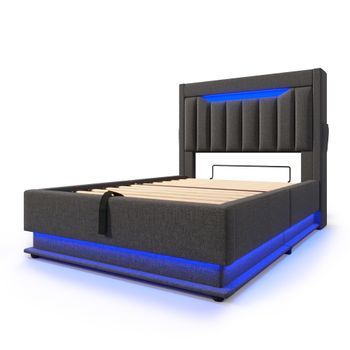 Cama Tapizada 90x200 Cm - Cama Individual - Cabecero Con Puertos Usb Y Tipo-c - Iluminación Led - Con Almacenamiento - Gris - Sin Colchón