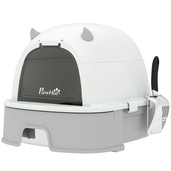 PawHut Arenero para Gatos L Caja de Arena para Gatos con Tapa Extraíble y Bandeja de Acero Inoxidable Extraíble Pala Gris