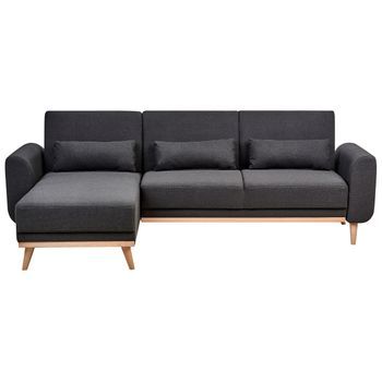 Sofá Cama Esquinero Moderno Tapizado De Poliéster Patas De Madera Clara Cojines Adicionales Derecho Negro Ollsta