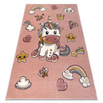 Alfombra Kiddo 6110 Rosa Claro / Blanco, Unicornio, Arcoíris, Para Ni 180x270 Cm