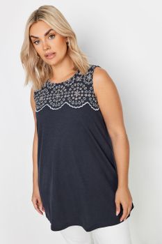 Yours Top Sin Mangas Azul Marino Canesú Con Bordados, Mujer Curvy Y Tallas Grandes, Yours