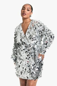 Vestido Plus Cruzado De Lentejuelas, Gris