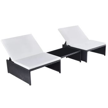 Pack 2 Uds Tumbona De Jardín | Tumbona De Exterior | Sillas Con Mesita Ratán Sintético Negro Cfw599742