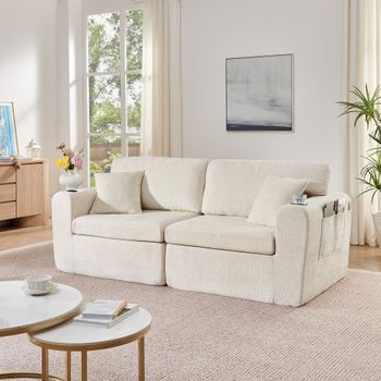 Canapé Relax De 2 Plazas En Tela Chenilla Beige Con Bolsillo Lateral, Portavasos Y Cojín Cómodo, Ideal Para Salón Y Espacios Pequeños