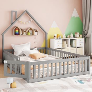 Cama Infantil 140x190 Cm De Madera Con Forma De Chimenea Y Barreras, Gris