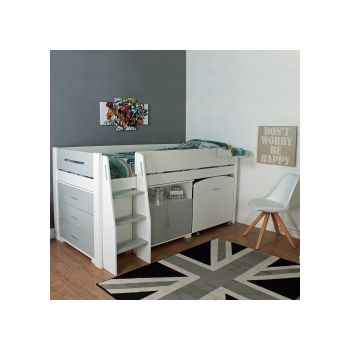Urban Grey Midsleeper 1 Bed with Pull Out Desk, Cupboard and Chest of Drawers