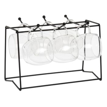 Set de 6 tazas de café de doble pared en vidrio y soporte de metal negro