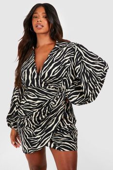 Vestido Plus Cruzado Con Mangas Blusón Y Estampado De Cebra, Negro