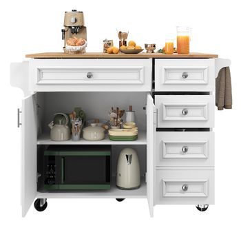 Isla De Cocina Blanca Y Mueble Buffet Con Almacenamiento, Mesa Plegable, 110x75x92cm, Mdf Y Metal