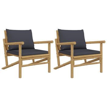 Pack 2 Uds Sillas De Jardín | Silla De Exterior | Sillón De Bambú Con Cojines Gris Oscuro