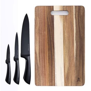 Juego De Tabla De Corte 40x25cm Madera + 3 Cuchillos Chuletero Acero Inox Scalpers Home