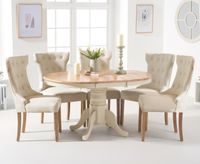 epsom cream painted pedestal extending dining table with camille fabric chairs - cream 4 chairs