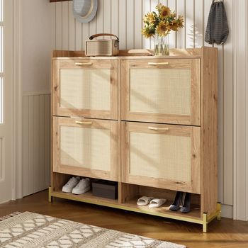 Elegante Armario De Zapatos De Madera Con Puertas De Ratán – 4 Puertas, Estructura Metálica Y Estante Superior Para Un Almacenamiento Elegante Y Ordenado
