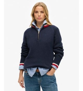 Superdry para mujer. W6110669A Jersey de media cremallera marino (S), Casual, Lana, Clásico