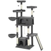 pawhut arbol para gatos torre de juego con rascador 3 camas 2 casitas plataformas y 3 juguetes colgantes altura 174 cm gris   aosom espana