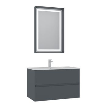 Conjunto De Mueble Con Lavabo Y Espejo (2 Piezas)  - 91 X 51 X 55 Cm - Antracita Mate