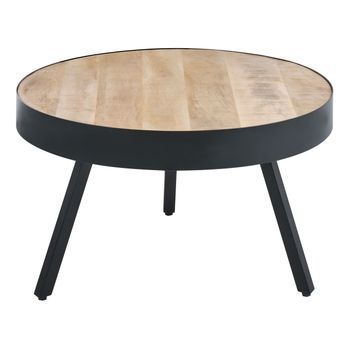 Mesa De Centro De Madera De Mango Clara Metal Negro Base Trípode Bordes Elevados Wakita