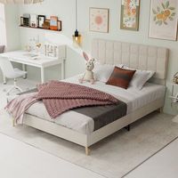 cama doble tapizada moderna con cabecero acolchado en tela beige 160x200cm