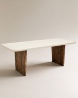 mesa de comedor de microcemento blanco y patas envejecido 200x75cm