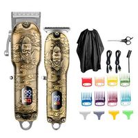 kit 2 en 1 con recortador  perfilador de pelo y barba lm-2025 diseno vintage completamente metalico juego de 8 peines 4 peines perfiladores y juego de accesorios bateria recargable 6x5x18 cm color oro