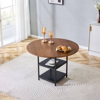 Sweiko Mesa Comedor Redonda 107 Cm Doble Tablero Imitación Nogal Mdf + Metal Para 2-4 Personas