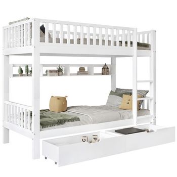Litera infantil de madera de pino 90x200cm con 2 cajones,estante,escalera y protección contra caídas,blanco